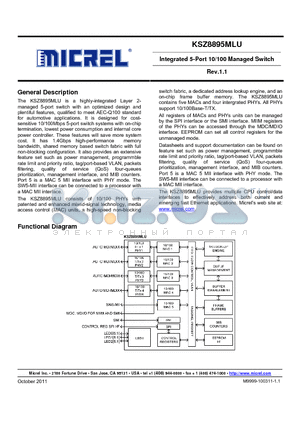 KSZ8895MLU datasheet - Integrated 5-Port 10/100 Managed Switch
