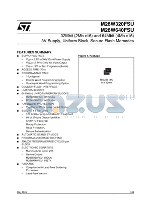 M28W640FSU70ZA1T datasheet - 32Mbit (2Mb x16) and 64Mbit (4Mb x16) 3V Supply, Uniform Block, Secure Flash Memories