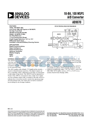 AD9070 datasheet - 10-Bit, 100 MSPS A/D Converter