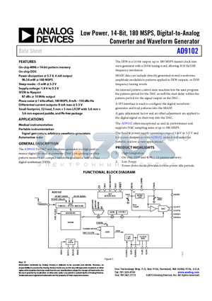 AD9102 datasheet - Low Power, 14-Bit, 180 MSPS, Digital-to-Analog Converter and Waveform Generator