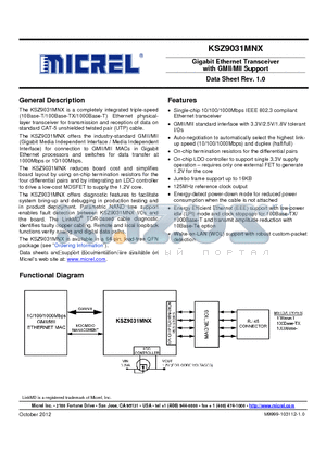 KSZ9031MNXCC datasheet - The KSZ9031MNX is a completely integrated triple-speed (10Base-T/100Base-TX/1000Base-T) Ethernet physicallayer transceiver for transmission and reception of data on standard CAT-5 unshielded twisted pair (UTP) cable.