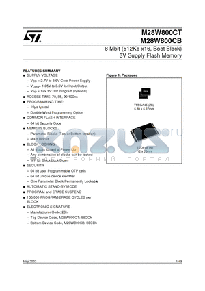M28W800C-ZBT datasheet - 8 Mbit 512Kb x16, Boot Block 3V Supply Flash Memory
