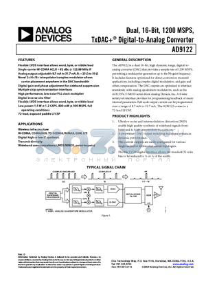 AD9122-M5375-EBZ datasheet - Dual, 16-Bit, 1200 MSPS, TxDAC^ Digital-to-Analog Converter