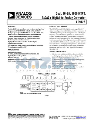 AD9125BCPZ datasheet - Dual, 16-Bit, 1000 MSPS, TxDAC Digital-to-Analog Converter