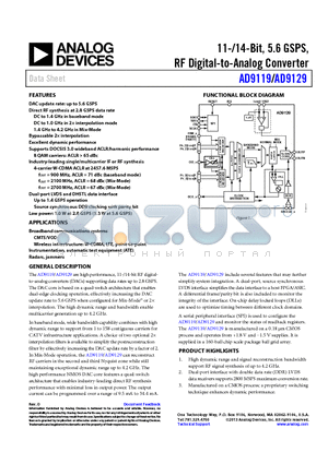 AD9129BBC datasheet - 11-/14-Bit, 5.6 GSPS, RF Digital-to-Analog Converter