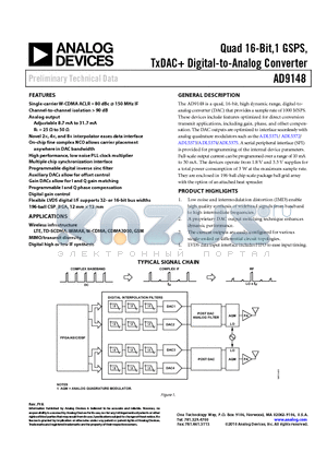 AD9148BBCZ datasheet - Quad 16-Bit,1 GSPS, TxDAC Digital-to-Analog Converter