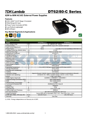 DT62PW090C datasheet - 62W to 80W AC-DC External Power Supplies