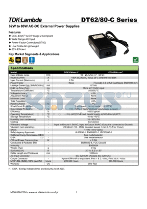 DT62PW120C datasheet - 62W to 80W AC-DC External Power Supplies