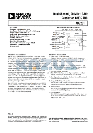 AD9201-EVAL datasheet - Dual Channel, 20 MHz 10-Bit Resolution CMOS ADC