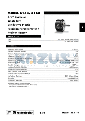 6143R10KT5L1.0XX datasheet - 7/8 Diameter Single Turn Conductive Plastic Precision Potentiometer / Position Sensor