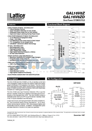 GAL16V8ZD-12QJ datasheet - Zero Power E2CMOS PLD