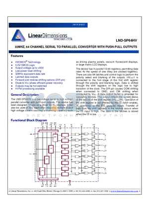 LND-SP64HV datasheet - 32MHZ, 64 CHANNEL SERIAL TO PARALLEL CONVERTER WITH PUSH-PULL OUTPUTS
