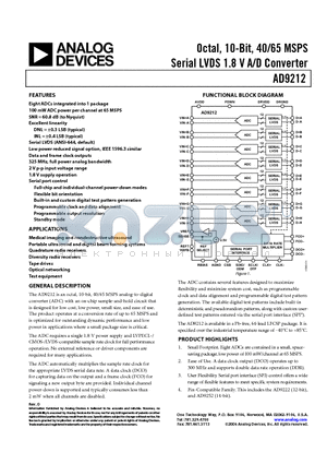 AD9212BCPZ-65 datasheet - Octal, 10-Bit, 40/65 MSPS Serial LVDS 1.8 V A/D Converter