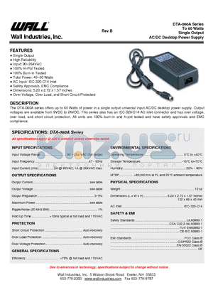 DTA-040A-01Y090 datasheet - To 60 Watts Single Output AC/DC Desktop Power Supply