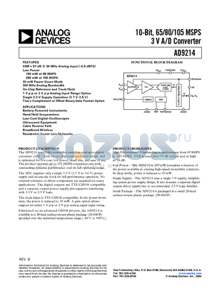 AD9214BRS-65 datasheet - 10-Bit, 65/80/105 MSPS 3 V A/D Converter