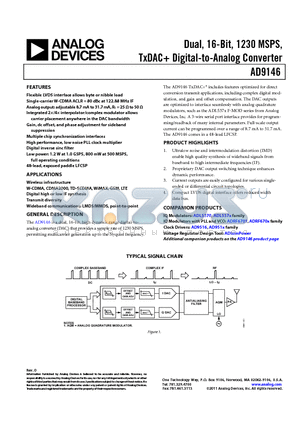 AD9146 datasheet - Dual, 16-Bit, 1230 MSPS, TxDAC Digital-to-Analog Converter