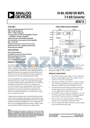 AD9215BCPZ-65 datasheet - 10-Bit, 65/80/105 MSPS, 3V A/D Converter