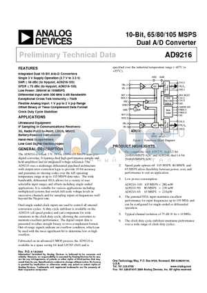 AD9216 datasheet - 10-Bit, 65/80/105 MSPS Dual A/D Converter