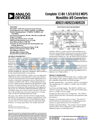 AD9220-EB datasheet - Complete 12-Bit 1.5/3.0/10.0 MSPS Monolithic A/D Converters