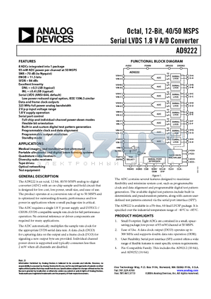 AD9222 datasheet - Octal, 12-Bit, 40/50 MSPS Serial LVDS 1.8 V A/D Converter