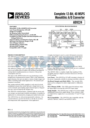 AD9224-EB datasheet - Complete 12-Bit 40 MSPS Monolithic A/D Converter