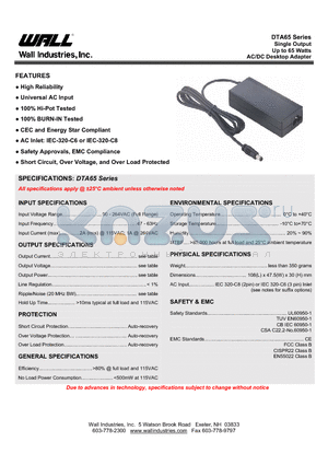 DTA065A1Y19FX datasheet - Single Output Up to 65 Watts AC/DC Desktop Adapter