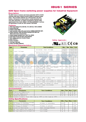 IBU61 datasheet - 63W Open frame switching power supplies for Industrial Equipment