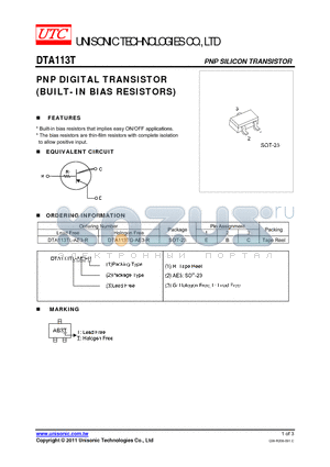 DTA113T datasheet - PNP DIGITAL TRANSISTOR