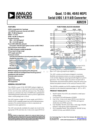 AD9228-65EBZ datasheet - Quad, 12-Bit, 40/65 MSPS Serial LVDS 1.8 V A/D Converter