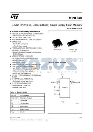 M295V040-120N1R datasheet - 4 Mbit 512Kb x8, Uniform Block Single Supply Flash Memory