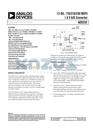 AD9230 datasheet - 12-Bit, 170/210/250 MSPS 1.8 V A/D Converter