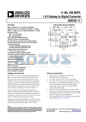 AD9230BCPZ11-200 datasheet - 11-Bit, 200 MSPS, 1.8 V Analog-to-Digital Converter