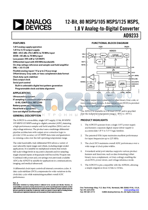 AD9233BCPZ-80 datasheet - 12-Bit, 80 MSPS/105 MSPS/125 MSPS, 1.8 V Analog-to-Digital Converter