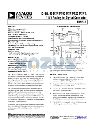 AD9233BCPZRL7-125 datasheet - 12-Bit, 80 MSPS/105 MSPS/125 MSPS, 1.8 V Analog-to-Digital Converter