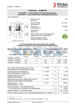 KT20K150 datasheet - Protectifiers - LowVF-Rectifier with Overvoltage protection