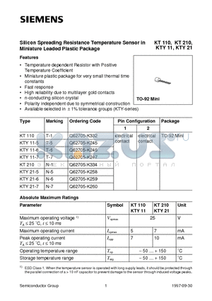 KT210 datasheet - Silicon Spreading Resistance Temperature Sensor in Miniature Leaded Plastic Package