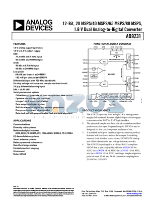 AD9231BCPZ-80 datasheet - 12-Bit, 20 MSPS/40 MSPS/65 MSPS/80 MSPS, 1.8 V Dual Analog-to-Digital Converter