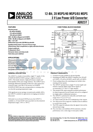 AD9237BCPZRL7-65 datasheet - 12-Bit, 20 MSPS/40 MSPS/65 MSPS 3 V Low Power A/D Converter