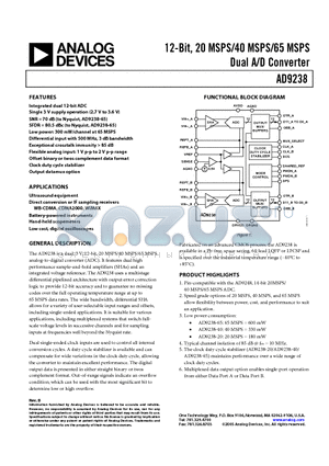 AD9238BCPZ-20 datasheet - 12-Bit, 20 MSPS/40 MSPS/65 MSPS Dual A/D Converter