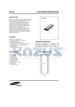 KT3170 datasheet - LOW POWER DTMF RECEIVER