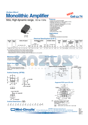 GALI-74 datasheet - Surface Mount Monolithic Amplifier 50, High dynamic range, DC to 1 GHz