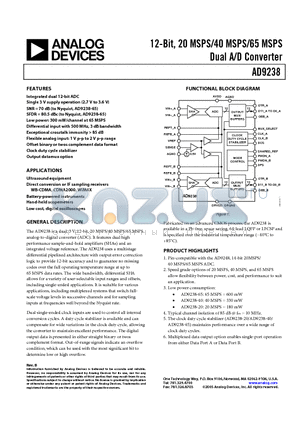 AD9238BSTZRL-65 datasheet - 12-Bit, 20 MSPS/40 MSPS/65 MSPS Dual A/D Converter