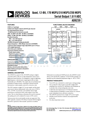 AD9239BCPZ-210 datasheet - Quad, 12-Bit, 170 MSPS/210 MSPS/250 MSPS Serial Output 1.8 V ADC