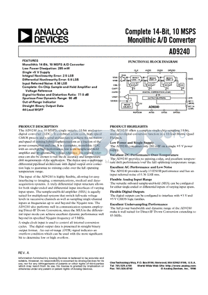 AD9240AS datasheet - Complete 14-Bit, 10 MSPS Monolithic A/D Converter