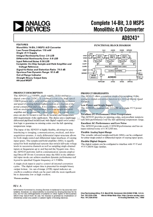 AD9243AS datasheet - Complete 14-Bit, 3.0 MSPS Monolithic A/D Converter