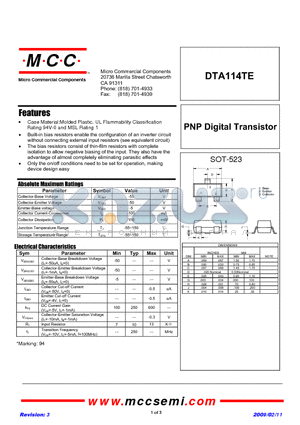 DTA114TE datasheet - PNP Digital Transistor