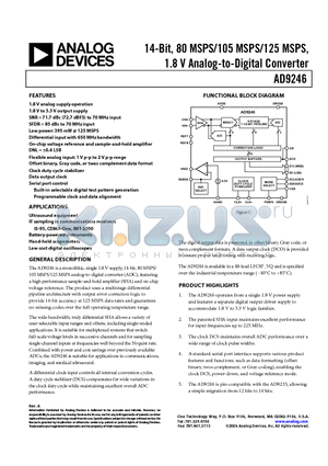 AD9246BCPZ-105 datasheet - 14-Bit, 80 MSPS/105 MSPS/125 MSPS, 1.8 V Analog-to-Digital Converter