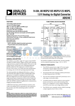 AD9246BCPZ-80 datasheet - 14-Bit, 80 MSPS/105 MSPS/125 MSPS, 1.8 V Analog-to-Digital Converter