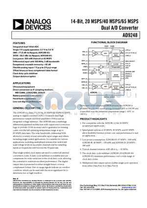 AD9248BSTZ-20 datasheet - 14-Bit, 20 MSPS/40 MSPS/65 MSPS Dual A/D Converter