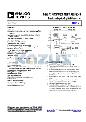AD9250-170EBZ datasheet - 14-Bit, 170 MSPS/250 MSPS, JESD204B,Dual Analog-to-Digital Converter